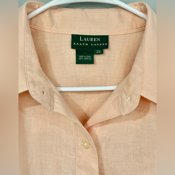 LAUREN by RALPH LAUREN Peach Linen CONVERTIBLE Button Down Blouse Shirt 2X - Picture 7 of 8
